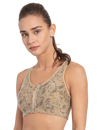 Jockey MI02 Women’s Wirefree Padded Sports Bra – Full Coverage Printed Racerback with Front Zipper